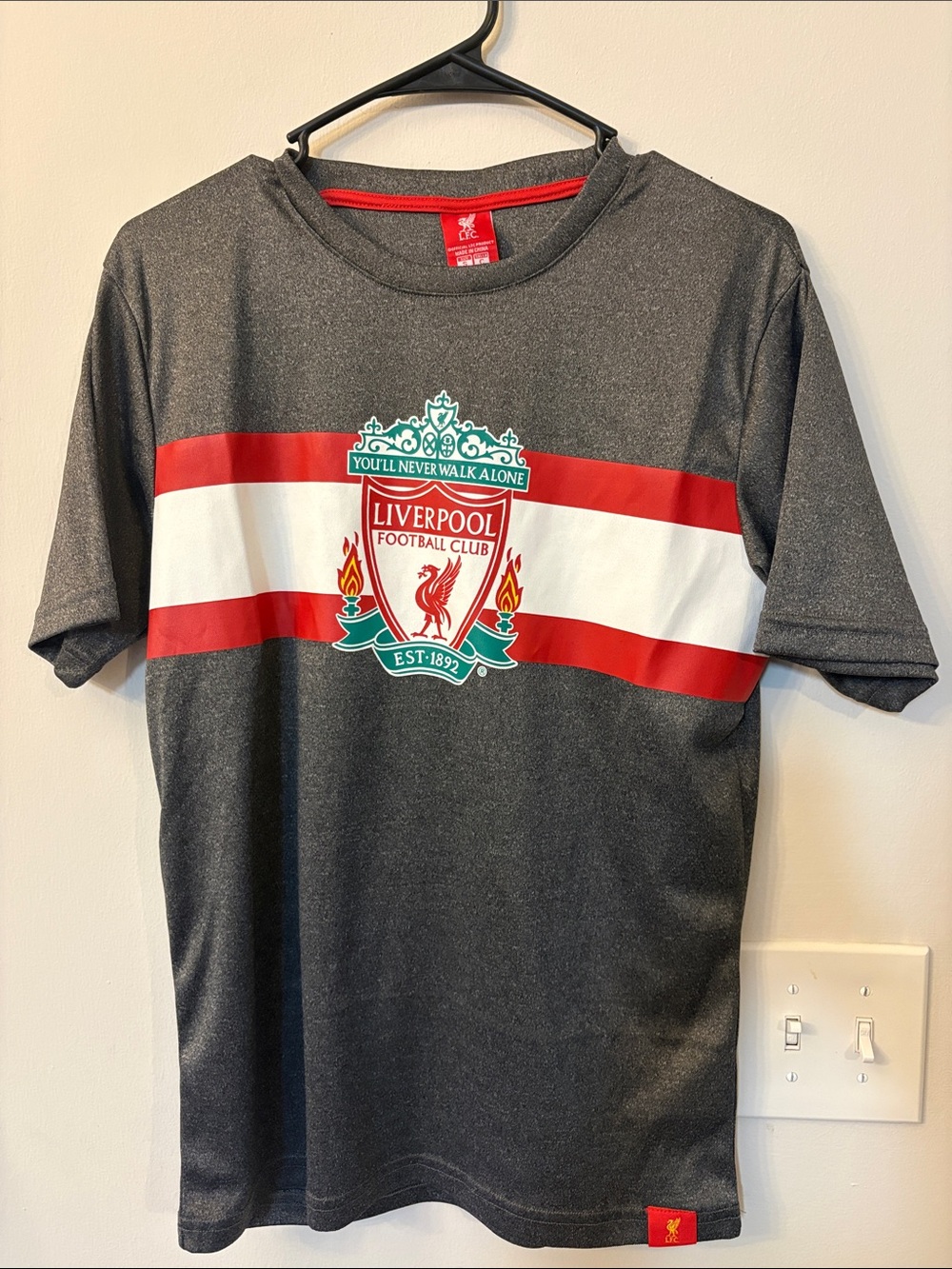 Liverpool Men's Gray Short Sleeve Shirt with Red and White Chest Stripe
